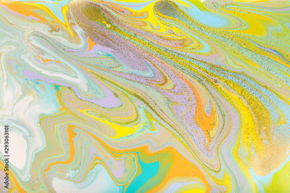 Colorful pastel marble pattern with golden glitter. Abstract liquid background