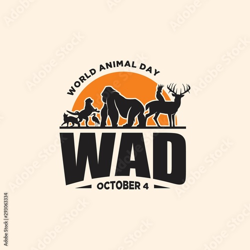 Vintage emblem World Animal Day with graphic animals and sunset