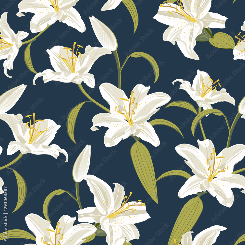 Lily flower seamless pattern on blue background, Orange lily floral vector illustration