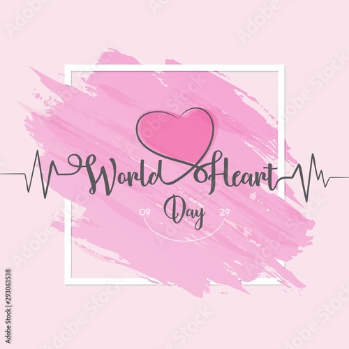 World Heart Day greeting card letter - line heart and cardio pulse trace on globe