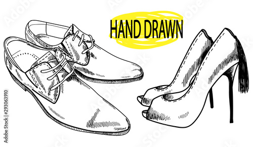 Footwear. Drawing by hand in vintage style. Fashion high-heeled shoes and men's shoes. A set of images.