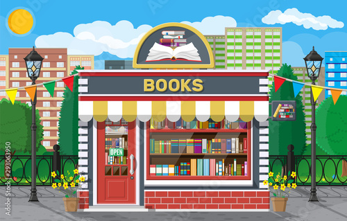 Bookstore shop exterior. Books shop brick building. Education or library market. Books in shop window on shelves. Street shop  mall  market facade. Nature outdoor cityscape. Flat vector illustration