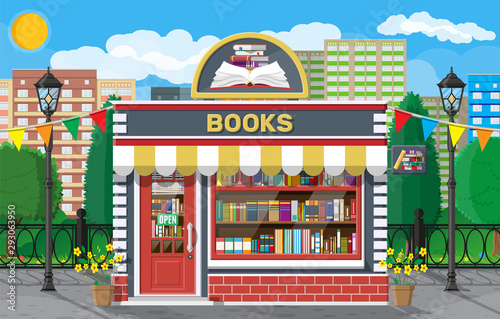 Bookstore shop exterior. Books shop brick building. Education or library market. Books in shop window on shelves. Street shop, mall, market facade. Nature outdoor cityscape. Flat vector illustration