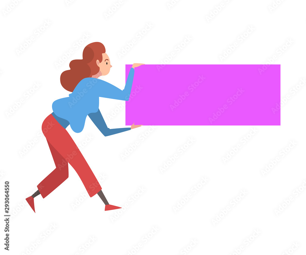 Young Woman Holding and Organizing Rectangular Geometric Shape, Back View Vector Illustration