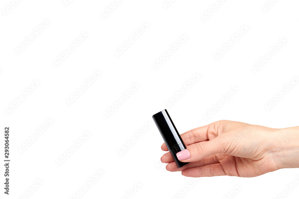 Hand with red lipstick in black tube, beauty and care. Hand with red lipstick in black tube, beauty and care.