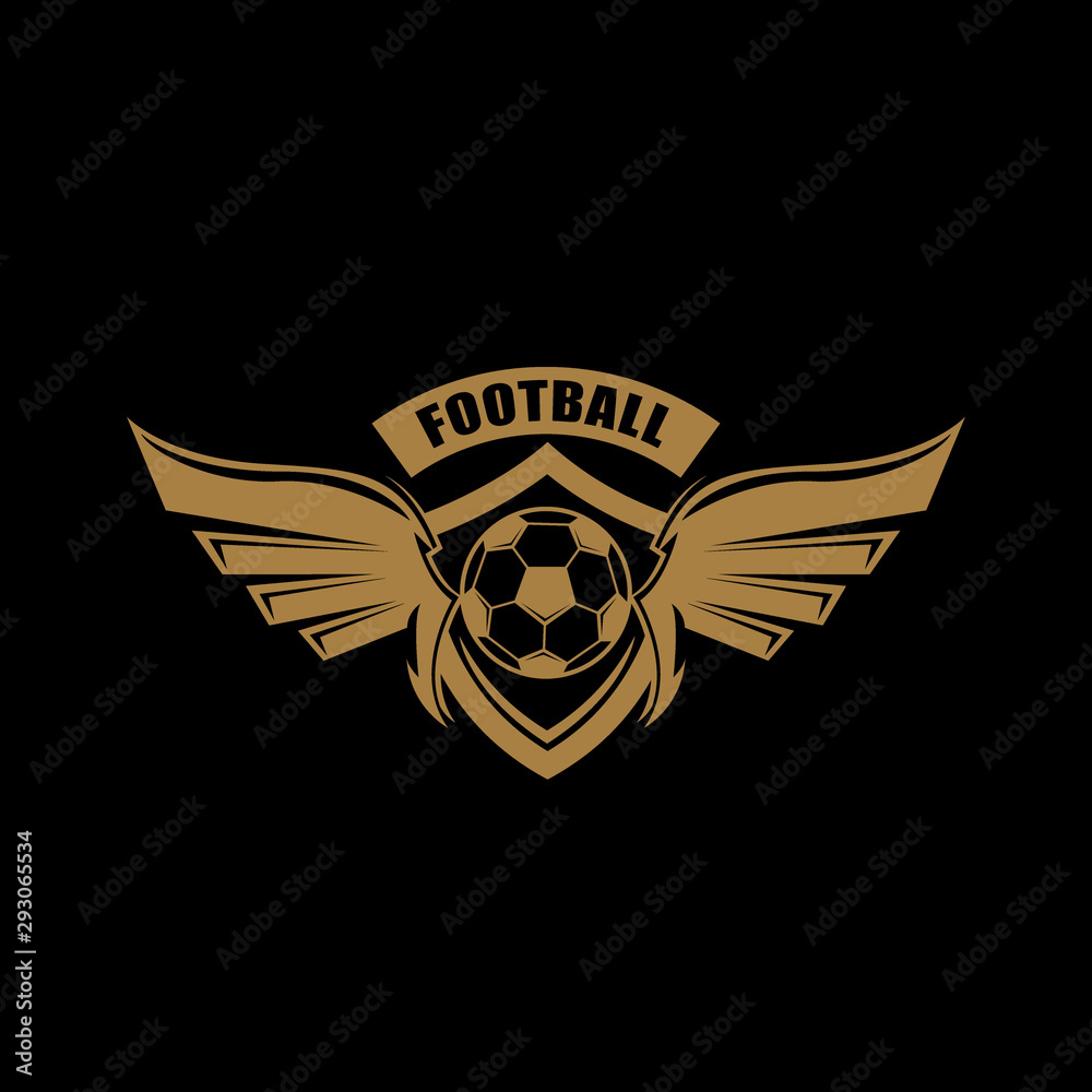 Obraz premium Set of football club logos, soccer ball. Soccer ball emblem, shield. Football school tournament, goal, competition, star, fire, flame, eagle, wing. Colorful Vector Illustration