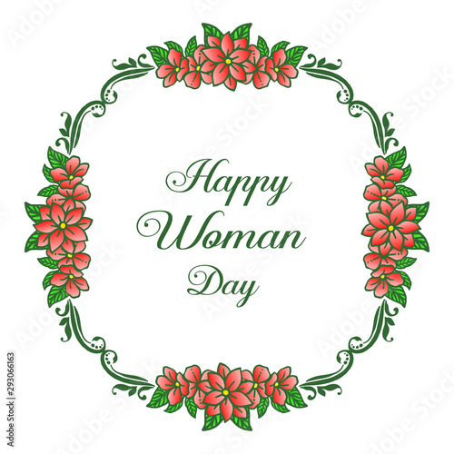 Card of happy woman day with realistic green leaf flower frame. Vector
