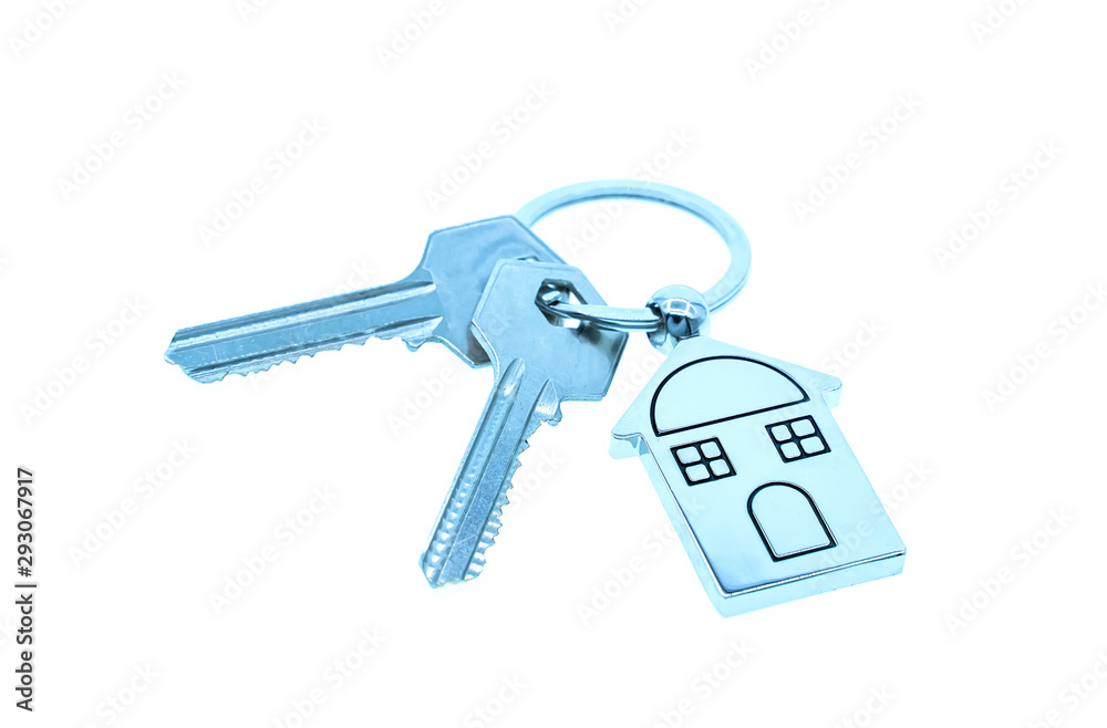 key chain with house symbol and keys on white background,Real estate concept key chain with house symbol and keys on white background,Real estate concept