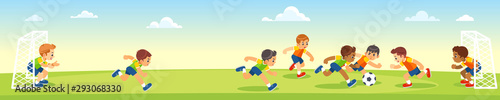 Boys kicking football on the sports field. Vector cartoon flat illumination