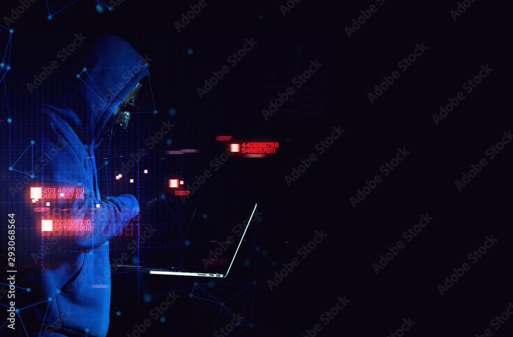 hacker man terrorist with virus computer attack to server network system online in data internet security hacking ai concept