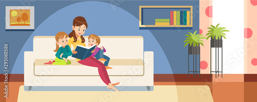 Son and daughter with their mother sit on sofa and read book in room. Bedtime Story. Concept motherhood child-rearing. Vector illustration