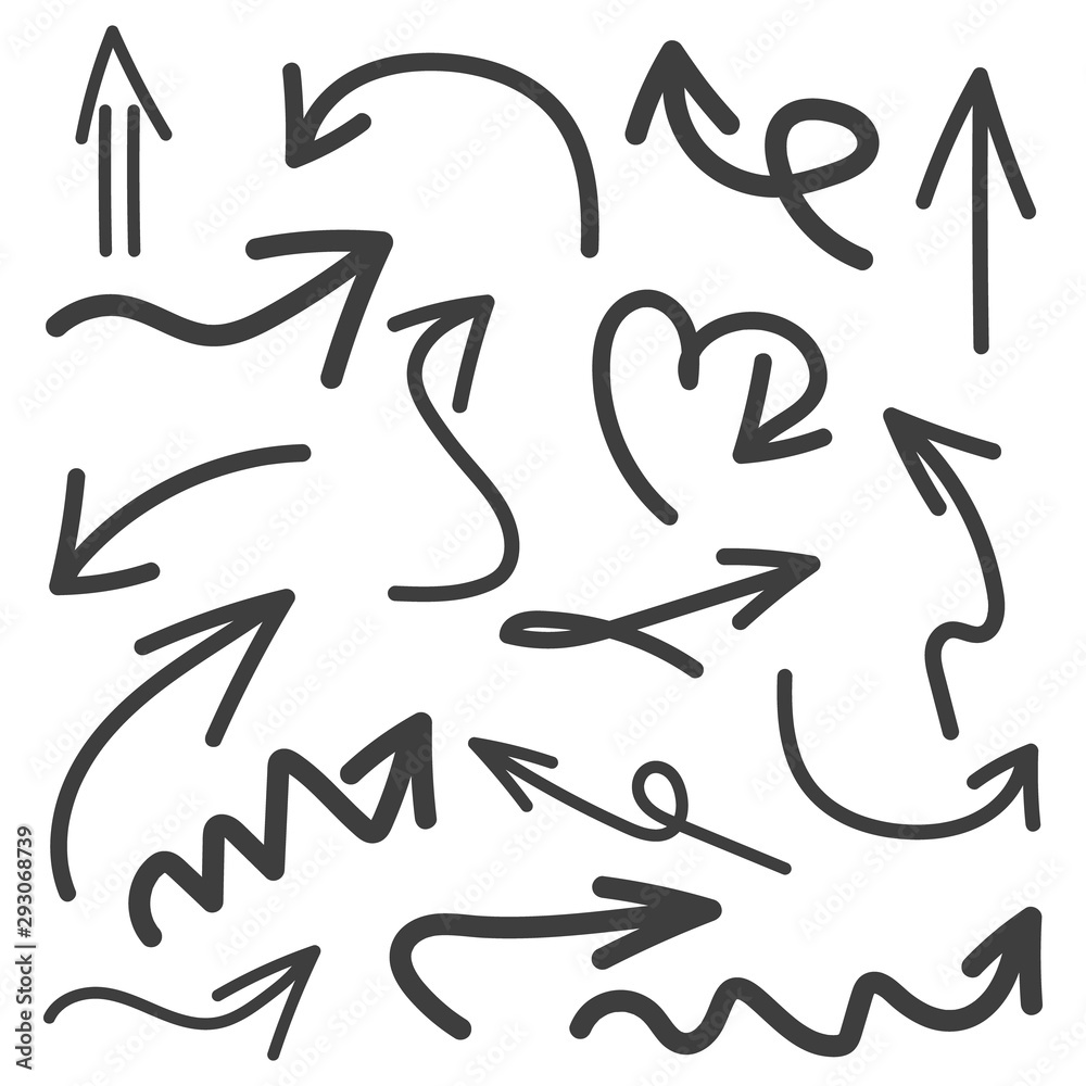 Set of hand drawn scribble arrows. Collection of abstract arrows in doddles style. Design element. Vector. Isolated on white background. Set of hand drawn scribble arrows. Collection of abstract arrows in doddles style. Design element. Vector. Isolated on white background.