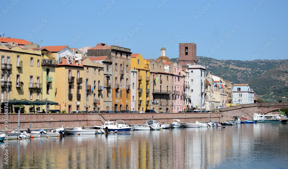 panoramic view of the ancient buildings of the city of Bosa along the 