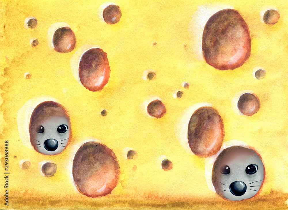 Fototapeta premium Cartoon animals rat, mouse hiding with a piece of cheese. The symbol of the Chinese New Year and Christmas 2020. Hand drawn watercolor painting for design background, banner, template, greetings.