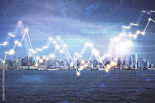 Forex graph on city view with skyscrapers background double exposure. Financial analysis concept.