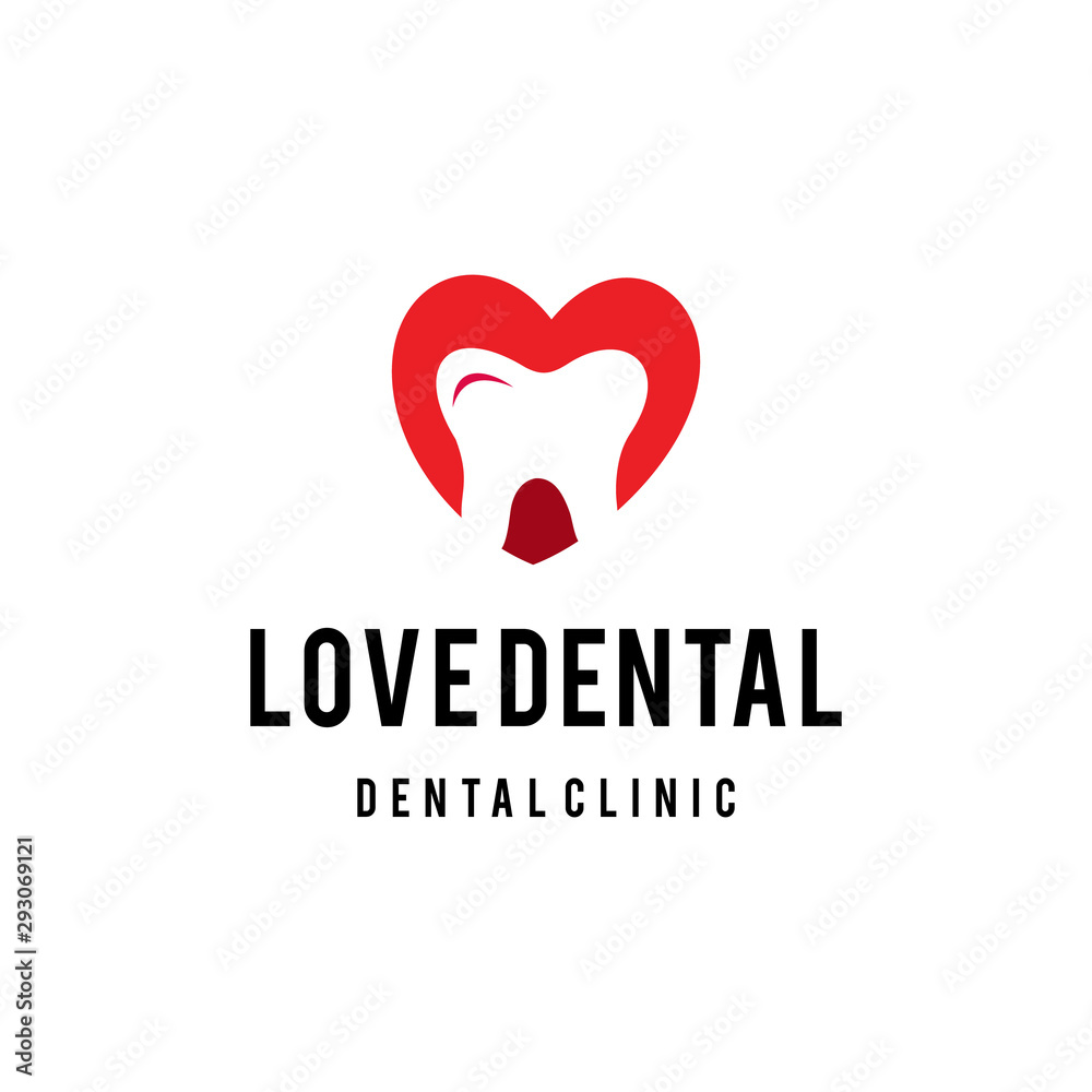 Illustration of heart sign with abstract tooth dental mark inside logo design