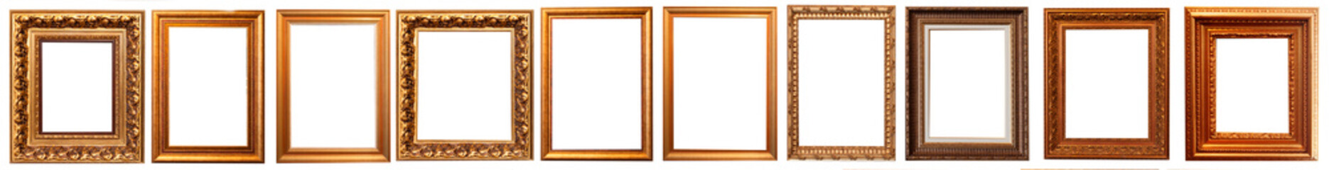 Collection of golden picture frames isolated on white background set
