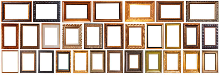 Collection of golden picture frames isolated on white background set