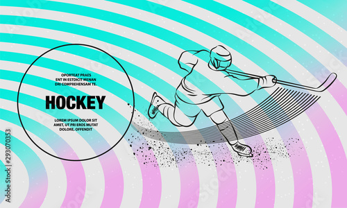 Hockey player shoots the puck with a hockey stick. Vector outline of Hockey sport illustration.