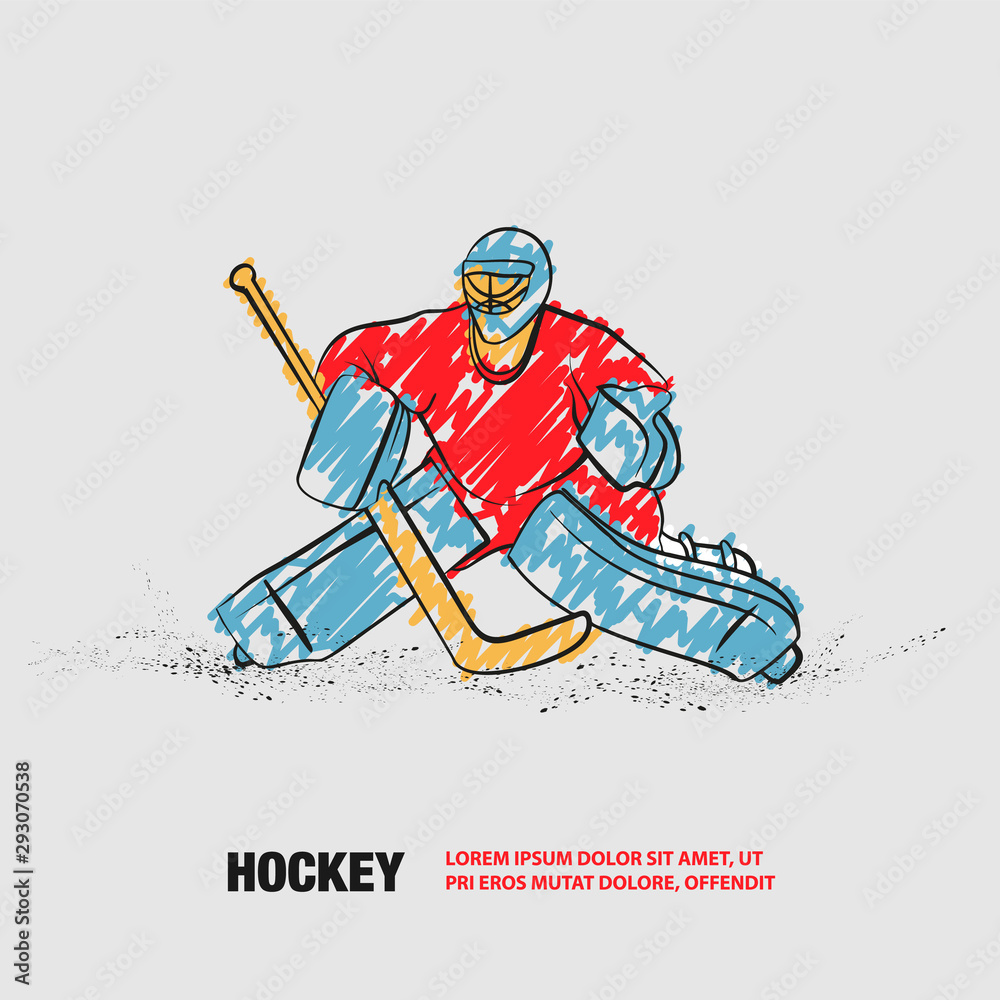 Hockey goalie positioning. Vector outline of hockey player with scribble doodles. Hockey goalie positioning. Vector outline of hockey player with scribble doodles.