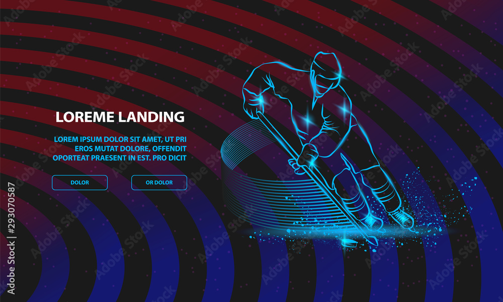 Hockey player in dynamic gliding on ice with a hockey stick and puck. Vector Sport Background for Landing Page Template.