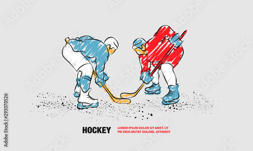 Hockey players are preparing to face-off. Vector outline of hockey player with scribble doodles.