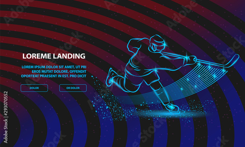 Hockey player shoots the puck with a hockey stick. Vector Sport Background for Landing Page Template.