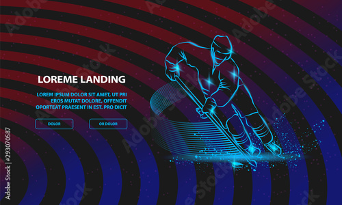Hockey player in dynamic gliding on ice with a hockey stick and puck. Vector Sport Background for Landing Page Template.