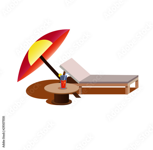 sun bed sofa lounge chair under umbrella with soft drink, sun bathing holiday summer vacation illustration