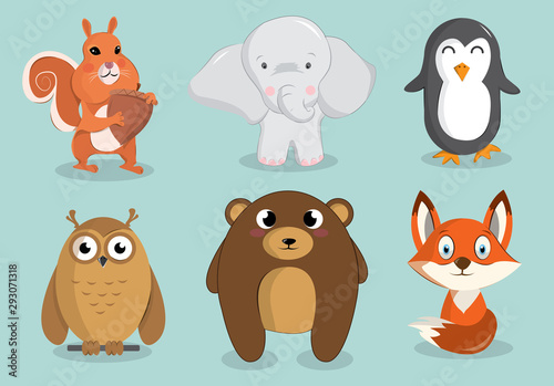 Cute Animals Set   Squirrel  Elephant   Penguin  Owl   Bear  Fox Vector Illustration