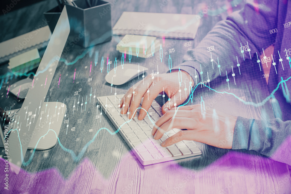 Fototapeta premium Double exposure of financial graph with man works in office on background. Concept of analysis.