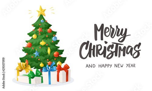 Merry Christmas card. Cartoon Christmas tree with presents isolated on white background. Decorations with stars.