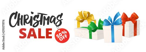 Christmas sale banner with discount tag. Cartoon gift boxes isolated on white.