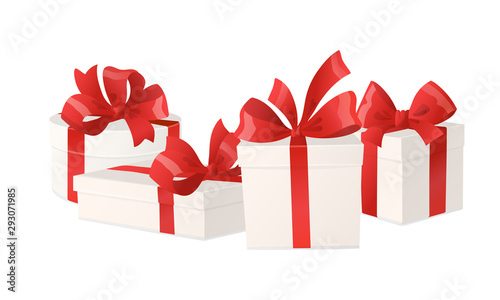Cartoon gift boxes with red bows isolated on white background, vector illustration.