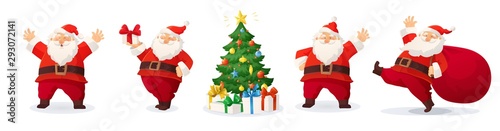 Cartoon vector illustration of Santa Claus and decorated Christmas tree with presents isolated on white photo