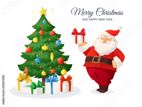 Merry Christmas card. Cartoon vector illustration of Santa Claus with a present. Decorated Christmas tree.