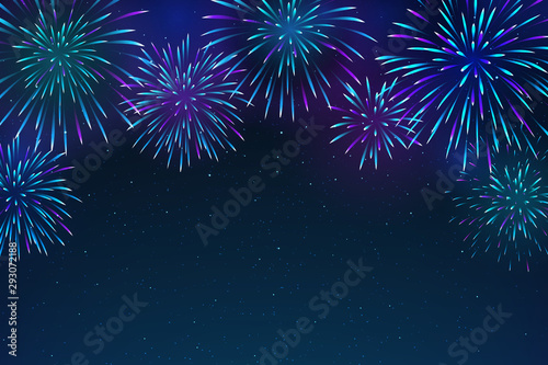 Colorful fireworks on a dark blue background. Bright fireworks in the night sky with stars. Beautiful festive sky for bright design. Vector illustration