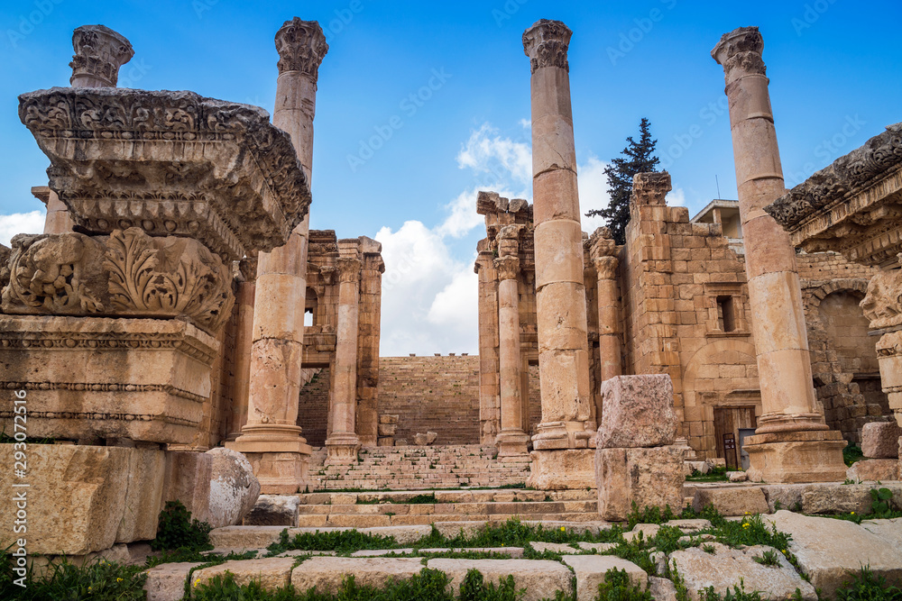 The Nymphaeum monument is part of the ancient greco-roman city ruins of Jerash, Gerasa Governorate, Jordan 