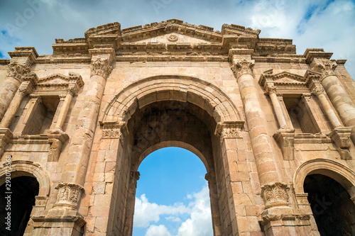 Arch of Hadrian facade in the ancient greco-roman city of Jerash, Gerasa Governorate, Jordan