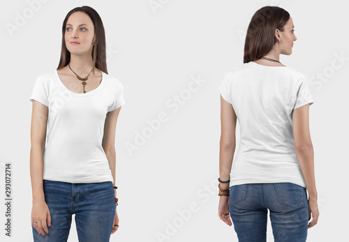 Front back view of female model wearing white short sleeve plain t shirt