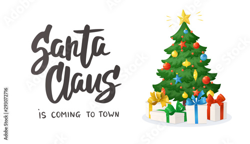 Christmas card. "Santa Claus is coming" text. Cartoon Christmas tree with presents isolated on white