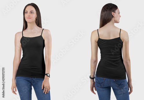 Fototapeta Front back view of female model wearing black camisole plain shirt