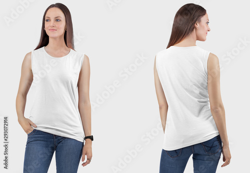 Front back view of female model wearing white sleeveless crew neck plain t shirt