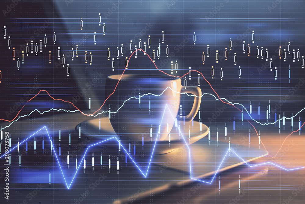 Financial chart drawing and table with computer on background. Double exposure. Concept of international markets. Financial chart drawing and table with computer on background. Double exposure. Concept of international markets.