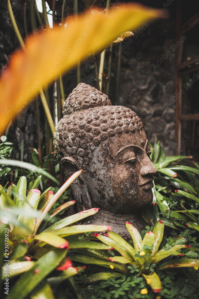 Stone Buddha head close-up. Handmade carved Buddha statue in balinese garden  as decoration. foto de Stock | Adobe Stock