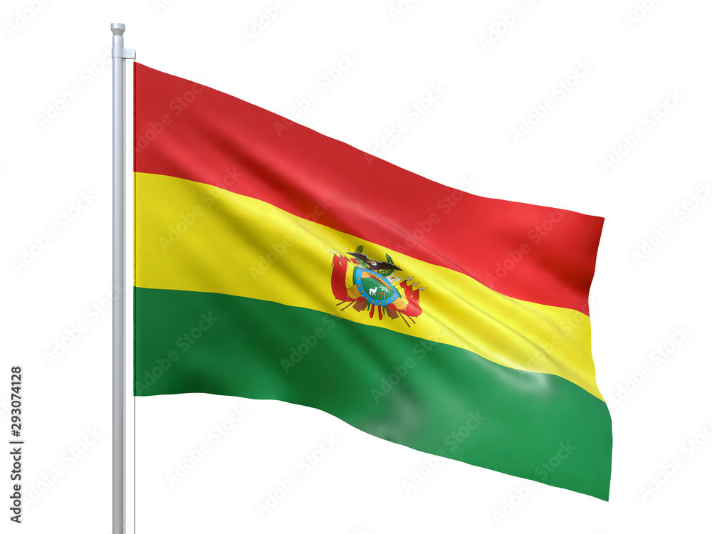 Bolivia state flag waving on white background, close up, isolated. 3D render Bolivia state flag waving on white background, close up, isolated. 3D render