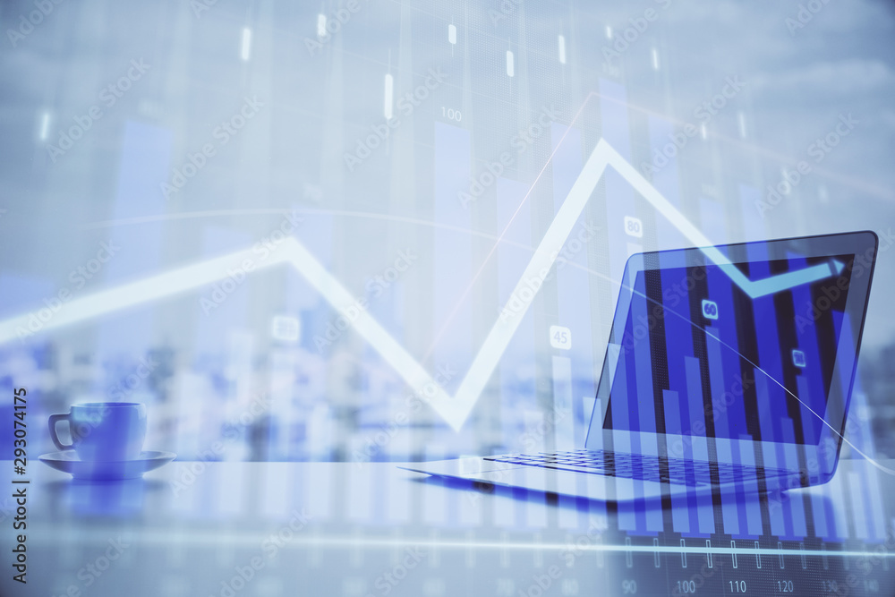 Forex graph hologram on table with computer background. Multi exposure. Concept of financial markets. Forex graph hologram on table with computer background. Multi exposure. Concept of financial markets.