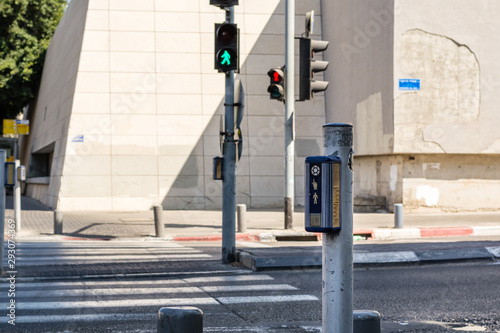 Traffic light control button with crosswalk scheme for blind people . Blind Pimple. Israel