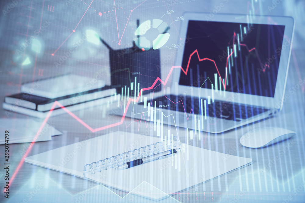 Stock market graph on background with desk and personal computer. Double exposure. Concept of financial analysis. Stock market graph on background with desk and personal computer. Double exposure. Concept of financial analysis.