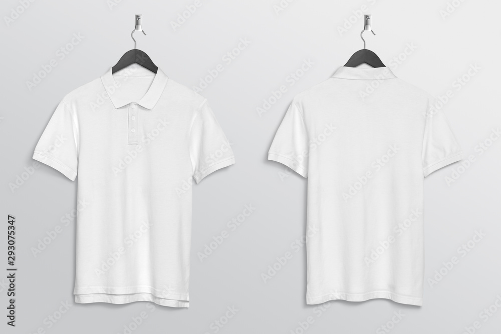 Front back of white plain polo t shirt hanging on wall Front back of white plain polo t shirt hanging on wall